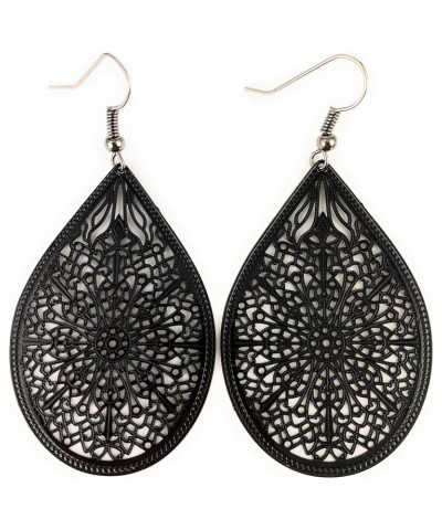 Black Earrings Teardrop Dangle Shiny Very Lightweight Filigree 2.5 inches Long Oval pendant Dk Grey hook ear wires… $8.79 Ear...