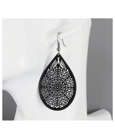 Black Earrings Teardrop Dangle Shiny Very Lightweight Filigree 2.5 inches Long Oval pendant Dk Grey hook ear wires… $8.79 Ear...