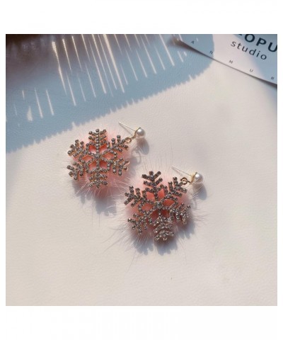 Exquisite Snowflake Fur Pom Pom Dangle Statement Earrings for Women Girls Crystal Cubic Zirconia Winter Frozen Flower Faux Pe...