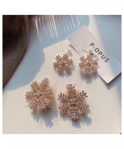 Exquisite Snowflake Fur Pom Pom Dangle Statement Earrings for Women Girls Crystal Cubic Zirconia Winter Frozen Flower Faux Pe...