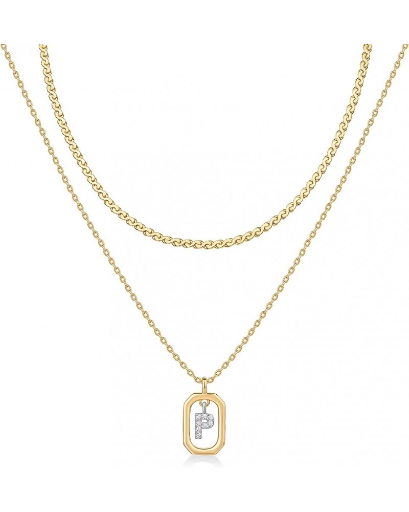 14K Gold Plated Cubic Zirconia Letter Pendant Layered Necklace | Framed Initial Letter Cable Singapore Chains Layering Neckla...