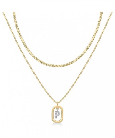 14K Gold Plated Cubic Zirconia Letter Pendant Layered Necklace | Framed Initial Letter Cable Singapore Chains Layering Neckla...