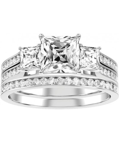 3-Stone Princess Cut Bridal Set Moissanite Engagement Rings for Women 10K 14k 18K Gold ring Platinum Plated Silver Princess m...