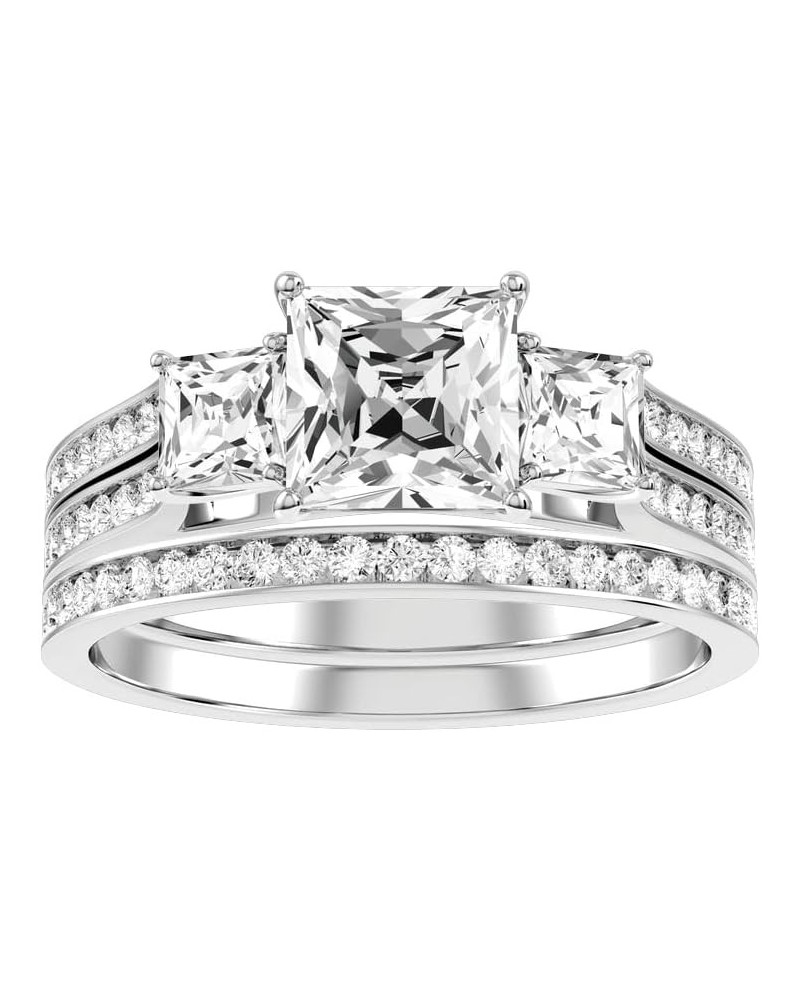 3-Stone Princess Cut Bridal Set Moissanite Engagement Rings for Women 10K 14k 18K Gold ring Platinum Plated Silver Princess m...