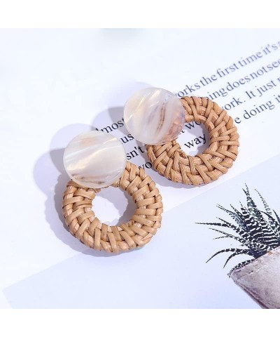 Handmade Rattan Vine Knit Hoop Dangle Earrings Bohemia Straw Braided Wicker Tortoise Shell Mottled Drop Earrings for Women Gi...