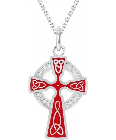 Celtic Cross Trinity Knot Pendant Necklace in Solid 14k Gold with Diamonds, Made in America 16" Necklace Red Enamel White Gol...