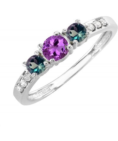 3.5mm Round Natural Amethyst & 2.4mm Lab Created Alexandrite with Natural White Diamond Three Stone Ring for Women in 18K Gol...