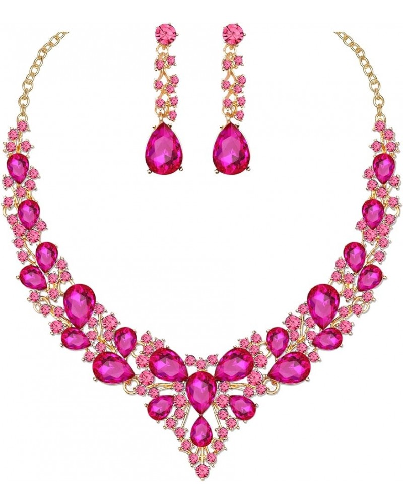 Women's Statement Necklace Earrings Set for Bride Austrian Crystal Wedding Bridal Costume Jewelry Sets fuchsia-gold tone $12....