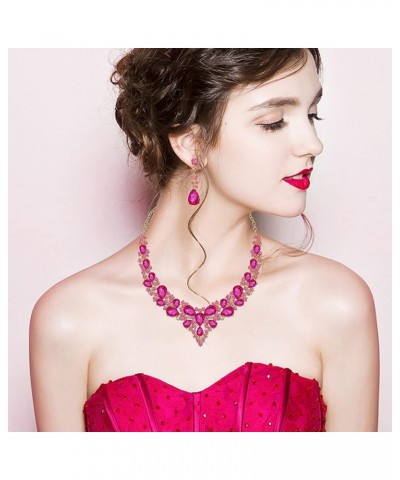 Women's Statement Necklace Earrings Set for Bride Austrian Crystal Wedding Bridal Costume Jewelry Sets fuchsia-gold tone $12....