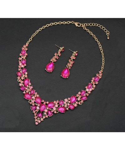 Women's Statement Necklace Earrings Set for Bride Austrian Crystal Wedding Bridal Costume Jewelry Sets fuchsia-gold tone $12....