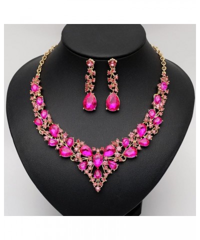 Women's Statement Necklace Earrings Set for Bride Austrian Crystal Wedding Bridal Costume Jewelry Sets fuchsia-gold tone $12....