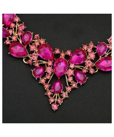 Women's Statement Necklace Earrings Set for Bride Austrian Crystal Wedding Bridal Costume Jewelry Sets fuchsia-gold tone $12....