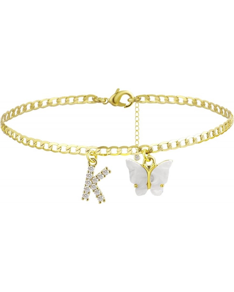 14K Gold Plated Dainty Butterfly Initial Ankle Bracelets Handmade Cuban Chain White Butterfly A-Z Alphabet Letter Initial Ank...