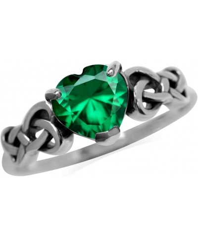 7MM Created Heart Shape Nano Green Emerald 925 Sterling Silver Celtic Heart Knot Filigree Solitaire Promise Ring May Gemstone...