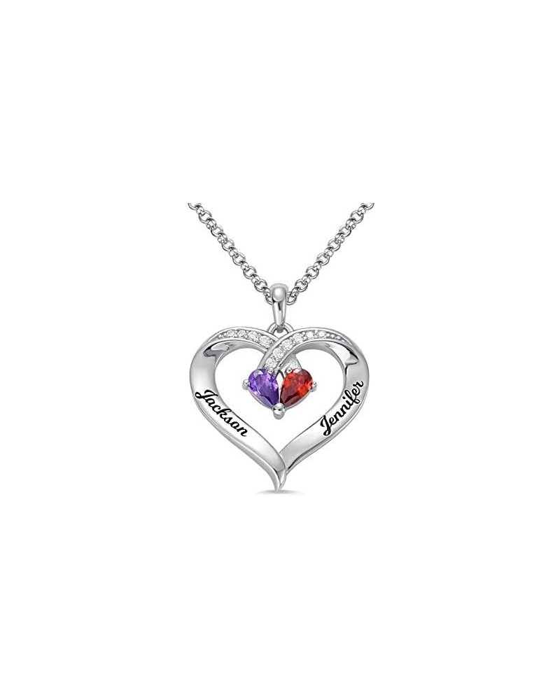 Personalized Double Heart Birthstone Necklace with Two Birthstones and Name Engravings 925 Sterling Silver Love Pandant Name ...