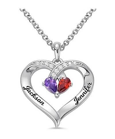 Personalized Double Heart Birthstone Necklace with Two Birthstones and Name Engravings 925 Sterling Silver Love Pandant Name ...