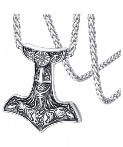 Viking Thor's Hammer Talisman Necklace for Men, Vintage Norse Mjolnir Amulet Pendant with Sturdy Wheat Chain, Stainless Steel...