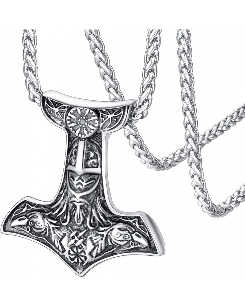 Viking Thor's Hammer Talisman Necklace for Men, Vintage Norse Mjolnir Amulet Pendant with Sturdy Wheat Chain, Stainless Steel...