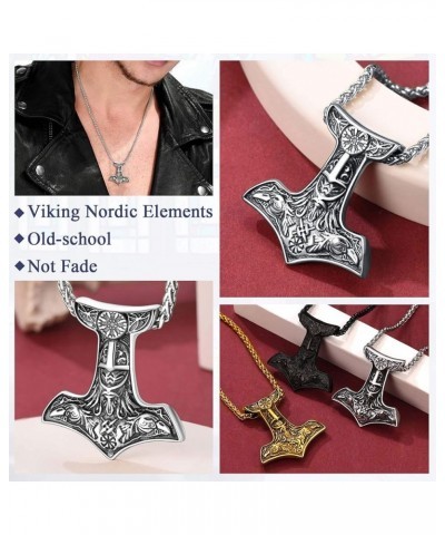 Viking Thor's Hammer Talisman Necklace for Men, Vintage Norse Mjolnir Amulet Pendant with Sturdy Wheat Chain, Stainless Steel...