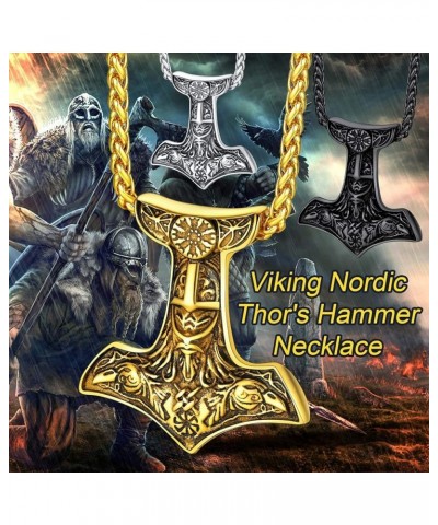 Viking Thor's Hammer Talisman Necklace for Men, Vintage Norse Mjolnir Amulet Pendant with Sturdy Wheat Chain, Stainless Steel...