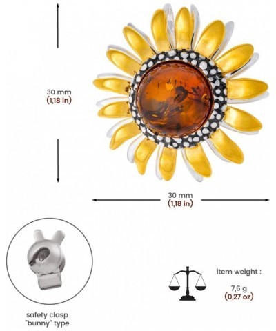 Women's Brooch, Polished Sterling Silver, Oxidised and Gilded, Round Baltic Amber in Cognac Colour, Sunflower Brooch with Pen...