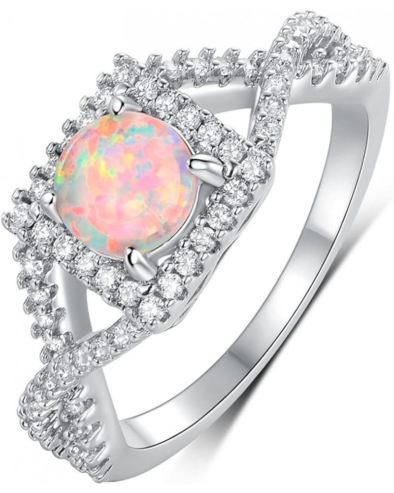 18K White Gold Plated Square White Fire Opal Ring Halo Engagement Birthstone Rings for Women Round-6inch $9.17 Rings