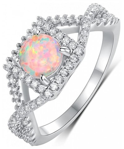 18K White Gold Plated Square White Fire Opal Ring Halo Engagement Birthstone Rings for Women Round-6inch $9.17 Rings