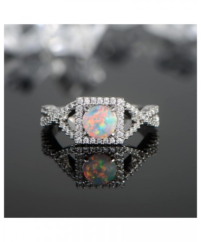 18K White Gold Plated Square White Fire Opal Ring Halo Engagement Birthstone Rings for Women Round-6inch $9.17 Rings