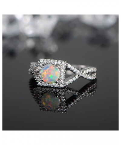 18K White Gold Plated Square White Fire Opal Ring Halo Engagement Birthstone Rings for Women Round-6inch $9.17 Rings