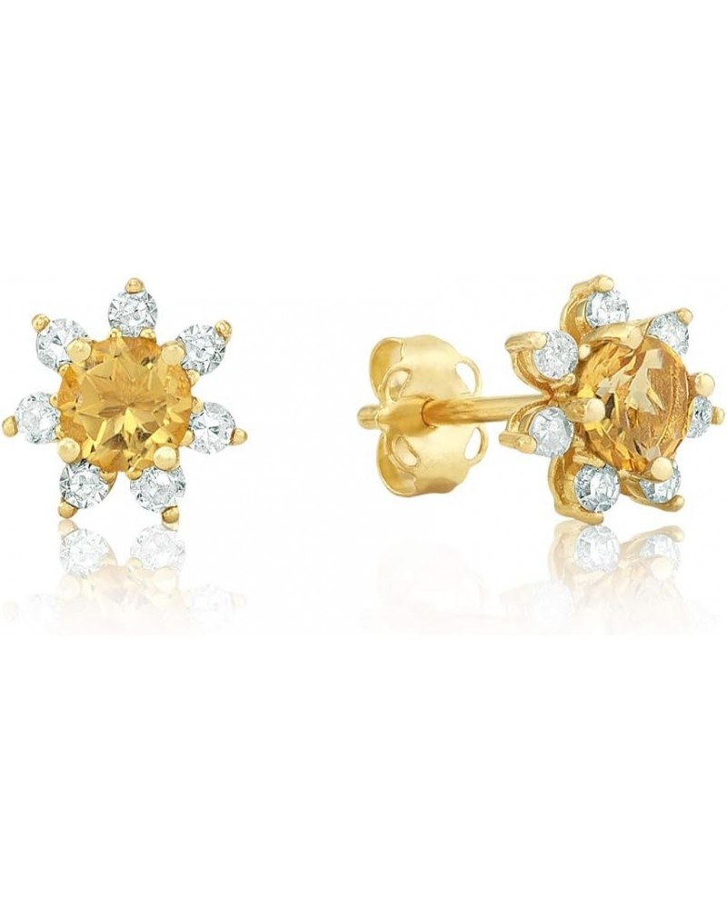 14k Yellow or White Gold Gemstone and Diamond Flower Halo Stud Earrings for Women with Push Backs 4mm Birthstone Genuine Citr...