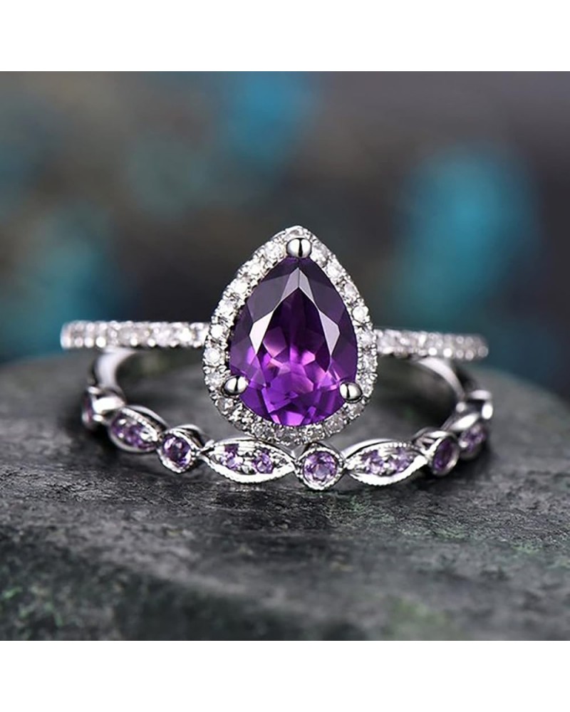 Shining Crystal Ring Kits Fashion Drop Shape Zirconia Rings Set Amethyst Teardrop Ring Engagement Wedding Ring Sets 6 Purple ...