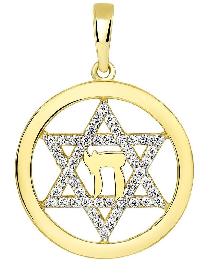 14k Yellow Gold Round CZ Jewish Star of David with Chai Symbol Pendant $55.10 Pendants