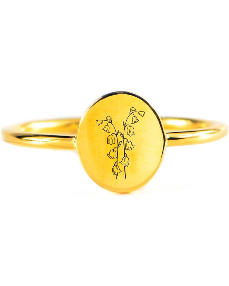 Story Jewellery Birth Month Flower Rings for Women, Gold Plated Engraved Signet Birth Month Floral Rings for Her, Dainty Flow...