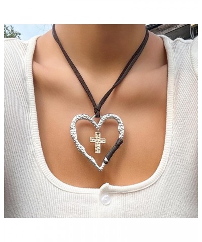 Y2k Big Hollow Out Heart Pendant Necklace Handmade Adjustable Chunky Heart Trendy Necklace Retro Long Chain Sweater Necklace ...