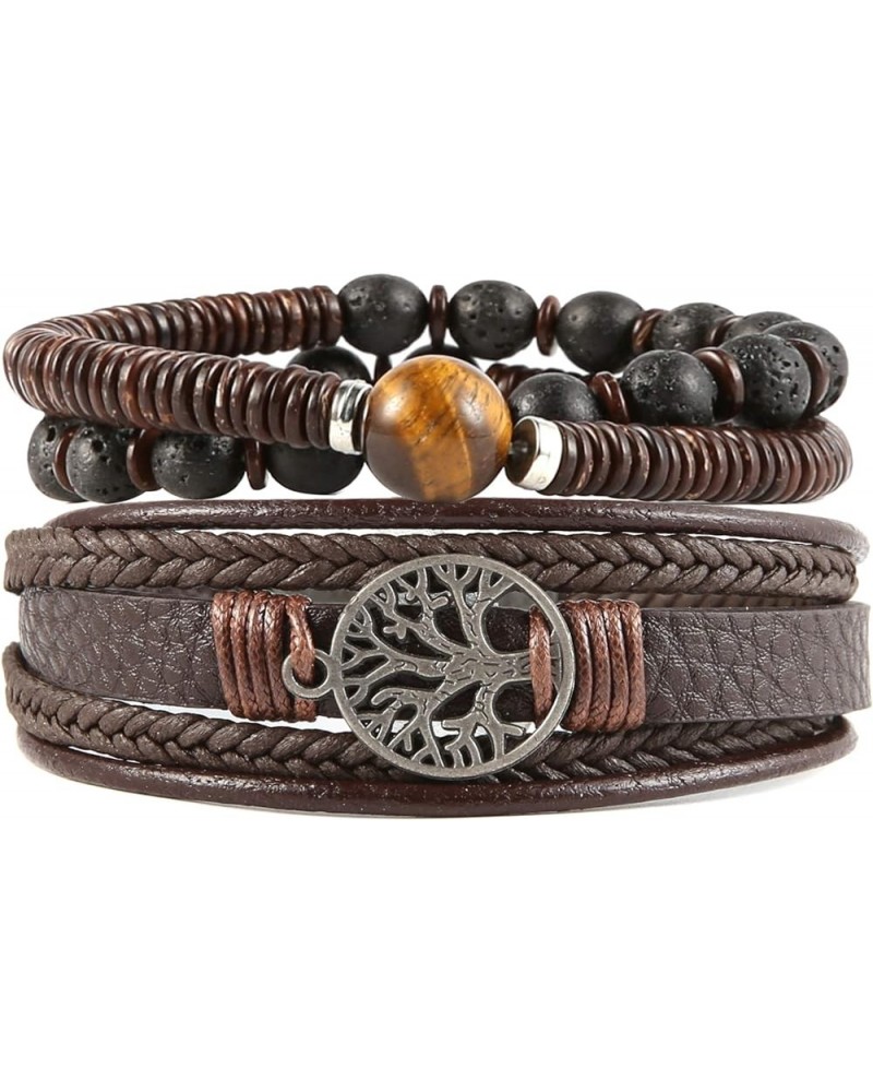 Genuine Leather Tree of life Bracelets Men Women, Tiger Eye Natural Stone Lava Rock Beads Ethnic Tribal Elastic Bracelets Wri...