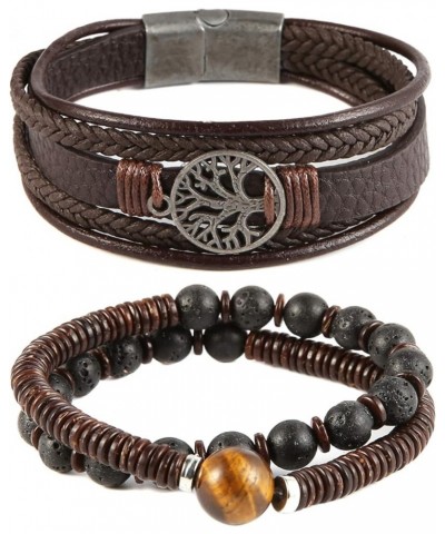 Genuine Leather Tree of life Bracelets Men Women, Tiger Eye Natural Stone Lava Rock Beads Ethnic Tribal Elastic Bracelets Wri...