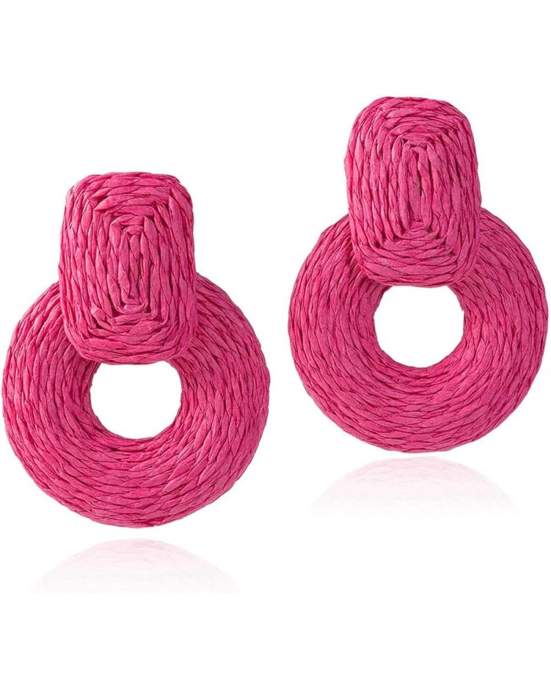 Handmade Raffia Round Statement Drop Earrings Lightweight Boho Geometric Dangle Earrings for Women Girls Hot Pink $8.99 Earrings