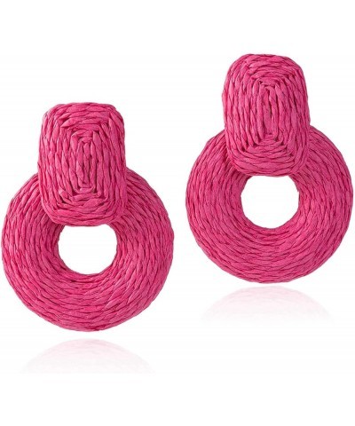 Handmade Raffia Round Statement Drop Earrings Lightweight Boho Geometric Dangle Earrings for Women Girls Hot Pink $8.99 Earrings