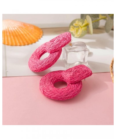 Handmade Raffia Round Statement Drop Earrings Lightweight Boho Geometric Dangle Earrings for Women Girls Hot Pink $8.99 Earrings