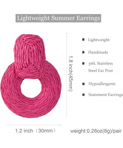 Handmade Raffia Round Statement Drop Earrings Lightweight Boho Geometric Dangle Earrings for Women Girls Hot Pink $8.99 Earrings