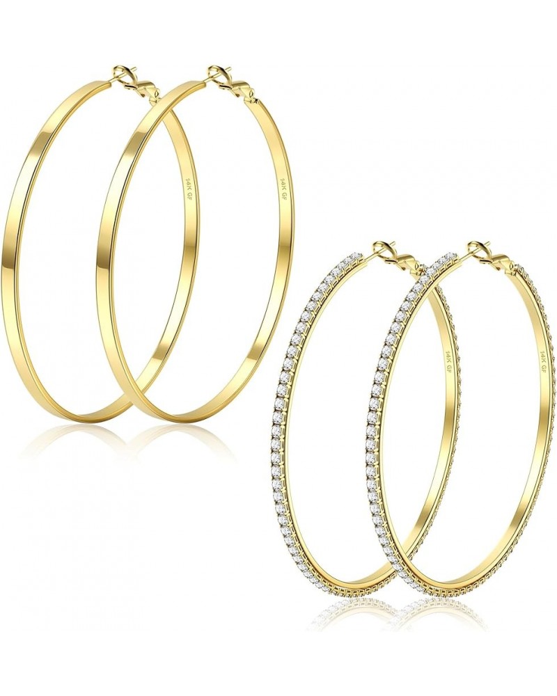 2 Pairs 14K Gold Filled Large Hoop Earrings for Women Hypoallergenic Lightweight Gold Rhinestone Hoop Earrings 925 Sterling S...