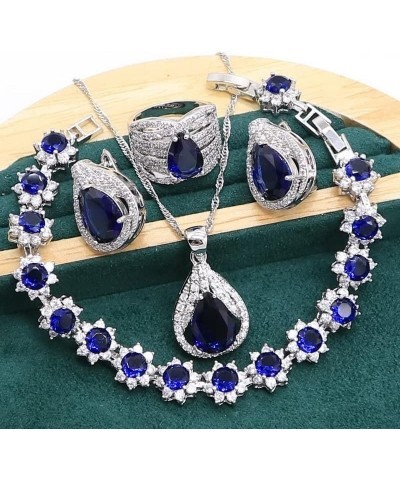 Royal Blue Sapphire 925 Sterling Silver Jewelry set for Women Bracelet Hoop Earrings Necklace pendant Ring (White 4pcs-7) Gre...