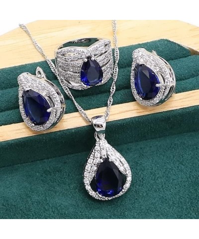 Royal Blue Sapphire 925 Sterling Silver Jewelry set for Women Bracelet Hoop Earrings Necklace pendant Ring (White 4pcs-7) Gre...