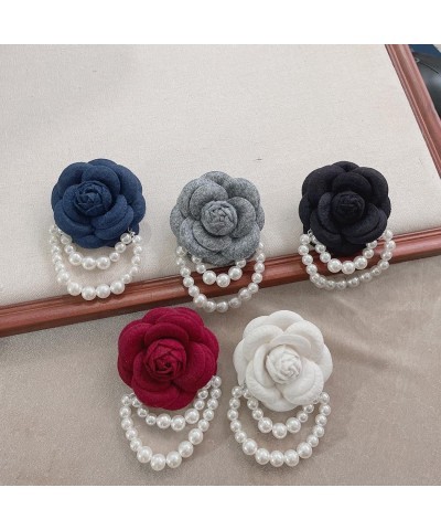 Wool Fabric Camellia Flower Pearl Tassel Brooch Pins Pearl Tassel Corsage Jewelry Brooches for Women Shirt Collar black $6.11...