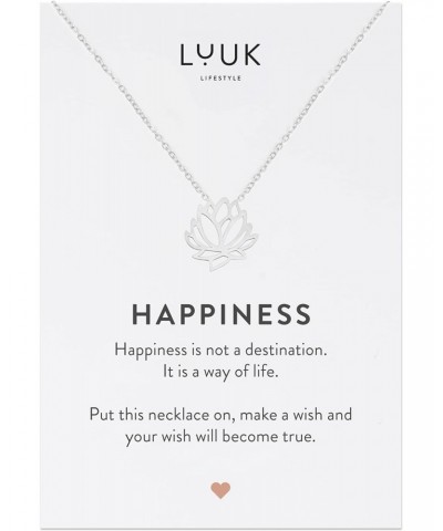 Stainless steel necklace with Lotus flower pendant and HAPPINESS gift card, Asian Zen floral design, chic and elegant jewelle...