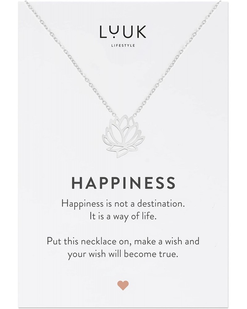 Stainless steel necklace with Lotus flower pendant and HAPPINESS gift card, Asian Zen floral design, chic and elegant jewelle...