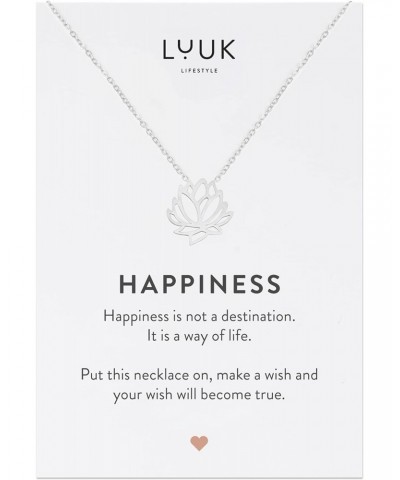 Stainless steel necklace with Lotus flower pendant and HAPPINESS gift card, Asian Zen floral design, chic and elegant jewelle...