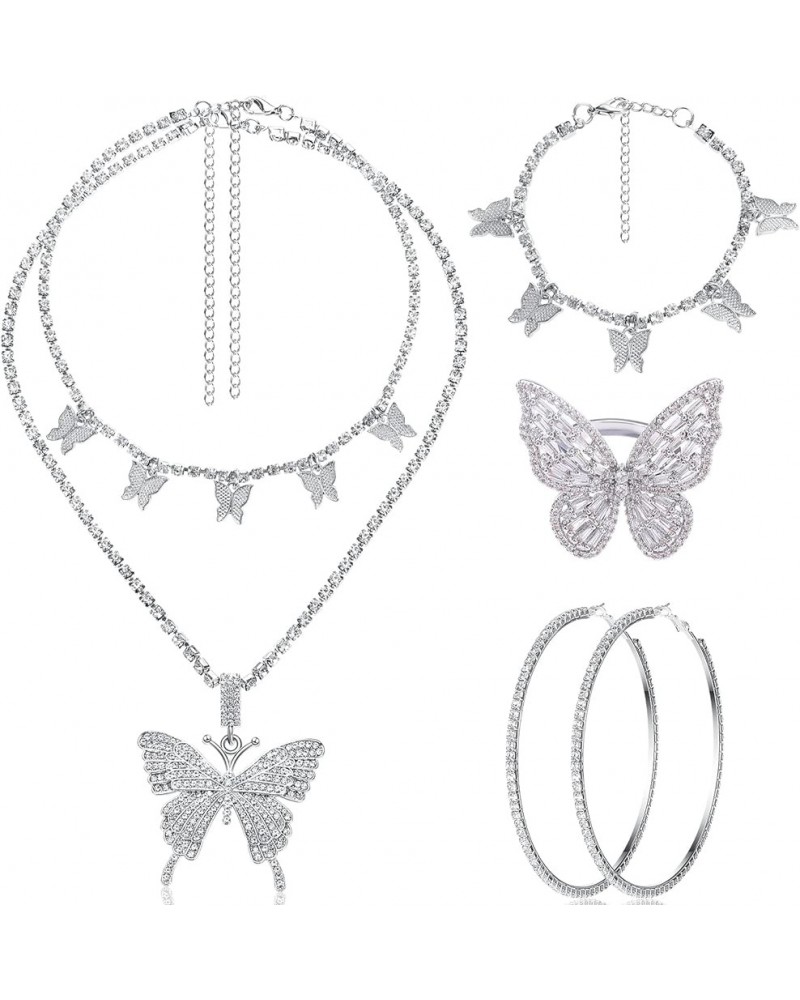 4 Pcs Butterfly Jewelry Set Butterfly Pendant Necklace Hoop Earrings Bracelet Ring Necklace Set for Women Girls Silver $10.63...