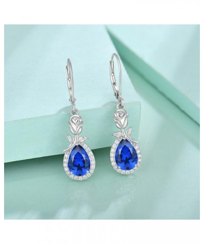 Birthstone Dangle Earrings for Women 925 Sterling Silver Rose Flower Drop Leverback Earrings Jewelry 9-sapphire-Sept $30.00 E...