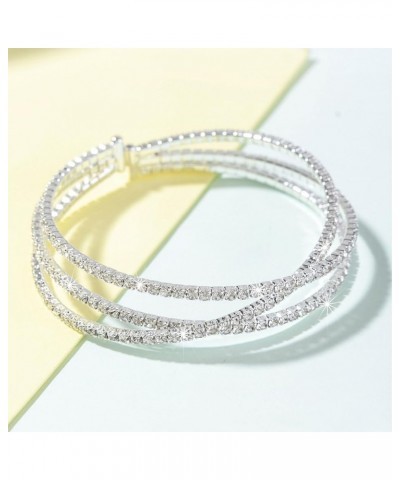 Multilayer Rhinestone Cuff Bracelet For Women Silver Layered Crystal Wrap Bracelet Sparkling Bridal Bracelet Jewelry For Prom...